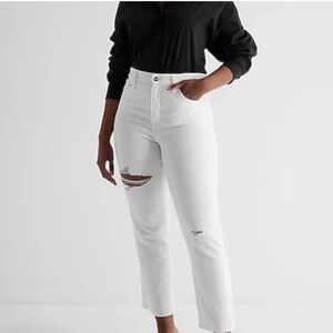 Like New Size 12 Long Express High Waisted White Ripped Straight Ankle Jeans